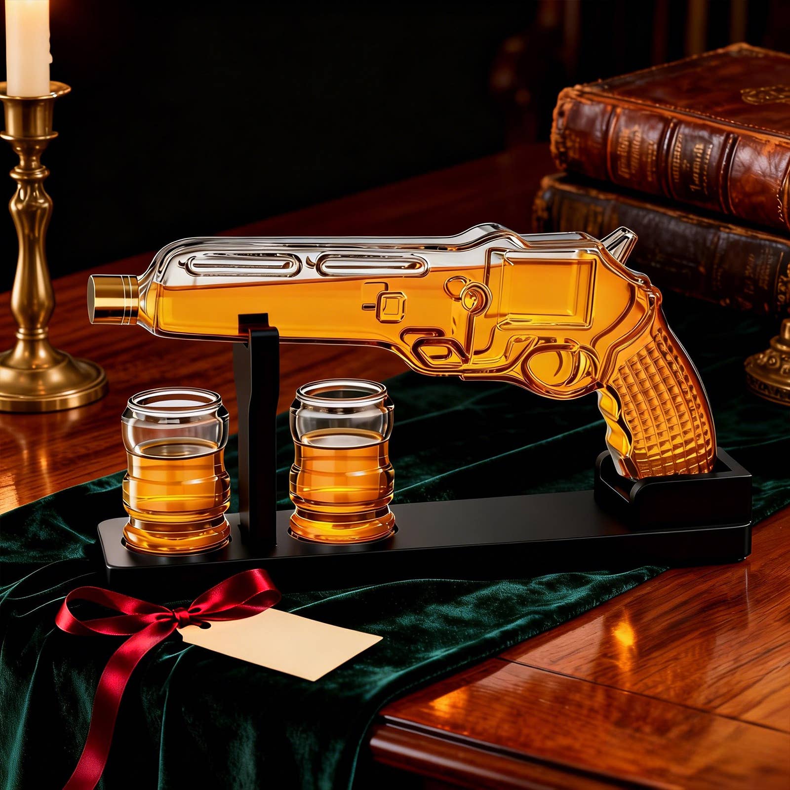 The Wine Savant /  Khen Glassware - Wholesale Decanter - Pistol Gun Decanter Set + 2 Bullet shot Glasses & Wood Stand6