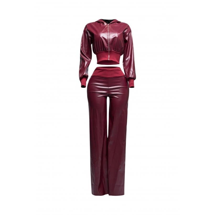 DORCAS - Wholesale Set met top en broek (GEEN Loungewear) - Dames - Set van PU-jack met capuchon en broek met wijde pijpen0