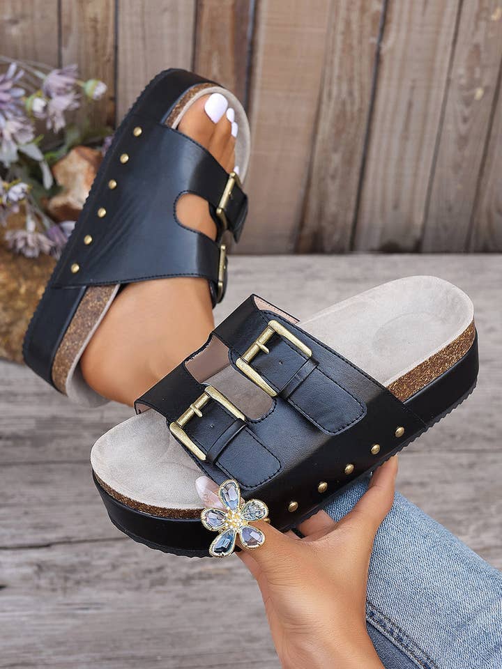 Threaded Pear - Wholesale Sandals - Women's - Dual Buckle Studded Platform Sandal Slippers6