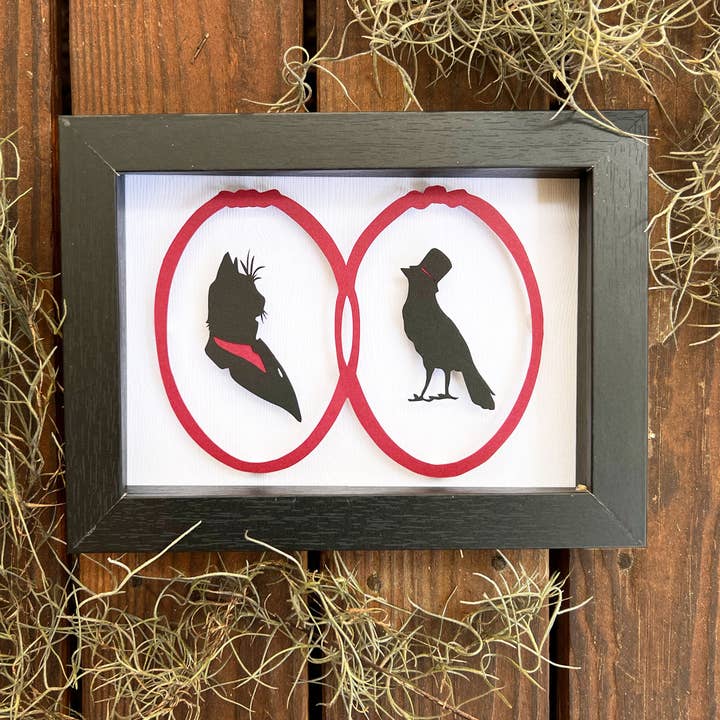 Framed Hand Cut Paper Art - 5x7" - Victorian Cat Bird for wholesale by Squirrel Tacos Papercuts