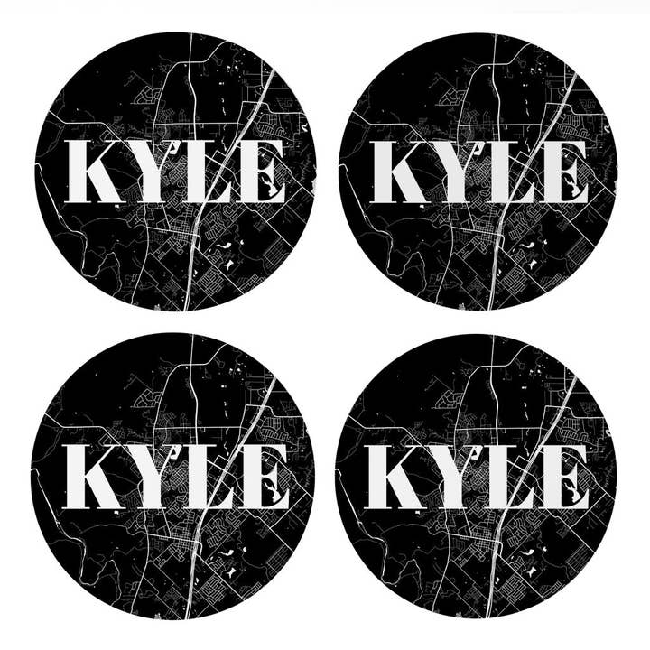Love Local - Wholesale Coasters - Minimalistic B&W Texas Kyle Map | Absorbent Coasters | Set of 4 | Min 2