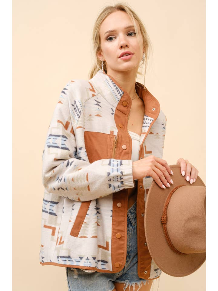 MARRONE 36246J - Giacca western a contrasto in jacquard azteco in vendita all'ingrosso su Faire