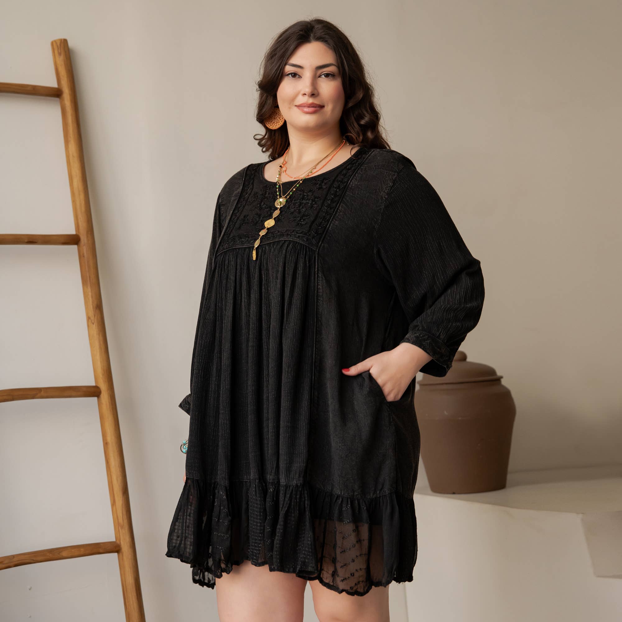 Charcoal Boho Embroidered Ruffle Hem Babydoll Dress ALSO IN PLUS for wholesale on Faire6