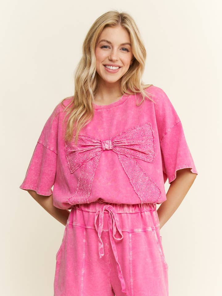 J.Her - Wholesale T-Shirt - Women's - MineralWash Ribbon bow half sleeve shirt HT6308