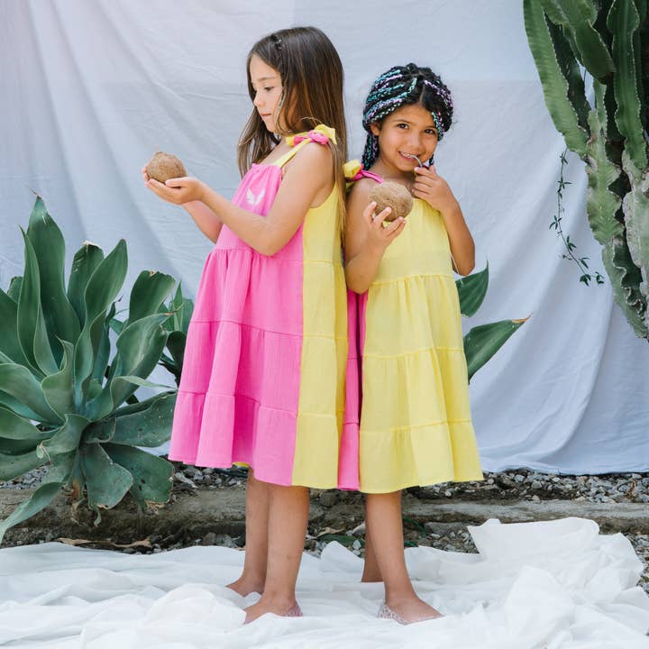 Lally Things – Engroshandel Kjole - Børn – Pige Børn Farveblok Dobbeltsidet Gul-Pink Lang Kjole5