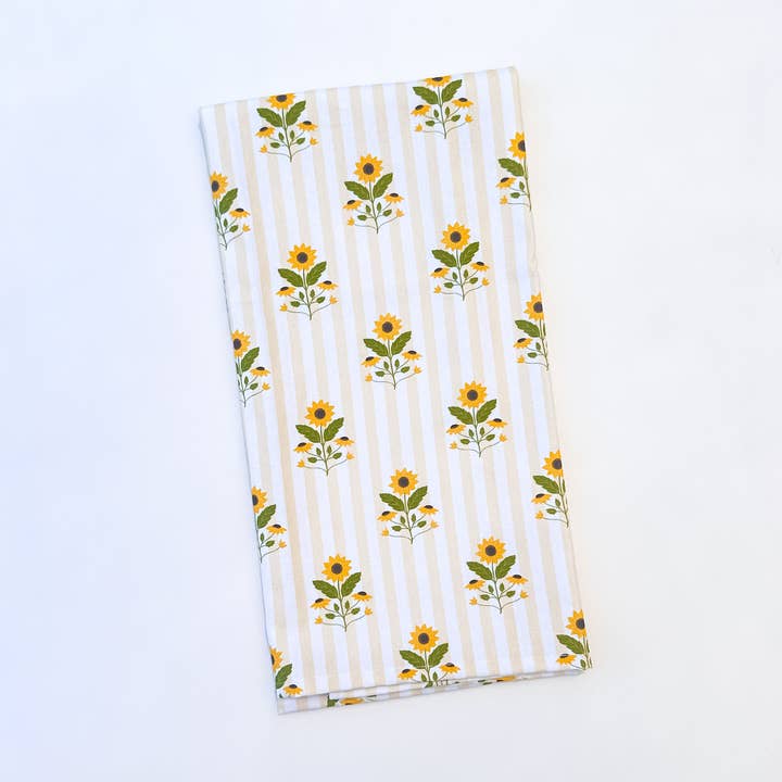 Sunflowers and Butter Yellow Stripes | Tea Towel for wholesale by Oak Shore Collective LLC