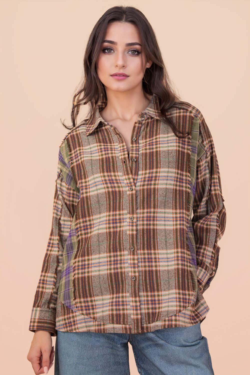 VERY J - Wholesale Button Down Shirt - Women's - NT11681-Contrast Plaid Detail Casual Shirt Top0