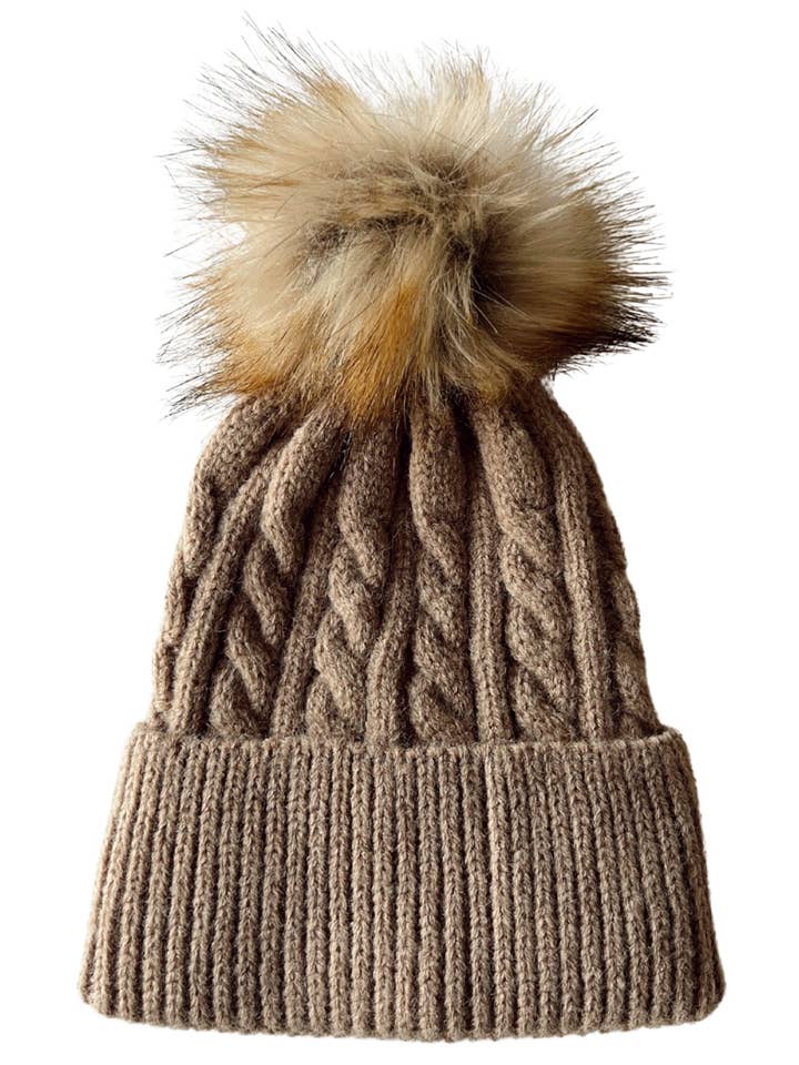 Cable Knit Fur Pom Hat, Walnut for wholesale by SpearmintLOVE