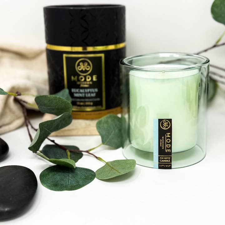 Vela EUCALIPTO MINT LEAF de 11 oz, vidrio de doble pared color menta para venta al por mayor de MODE modern aromas