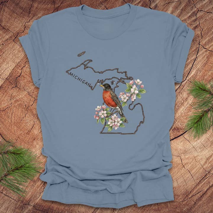 Wandering Owl Adventure Co. - Wholesale Screen Printed T-Shirt - Women's - Michigan Robin and Apple Blossom Tee3