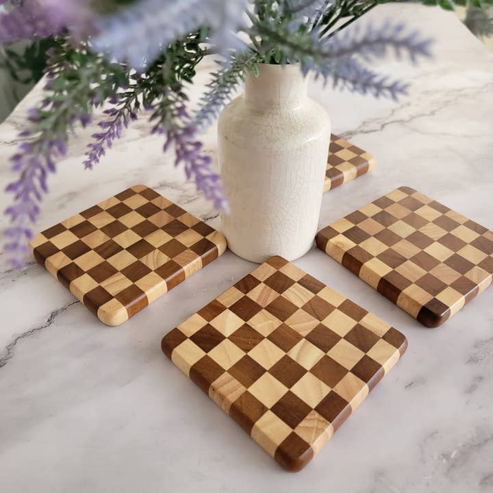 Checkered Coaster Set. Rustic Wood Coasters. for wholesale by Karmic Creations