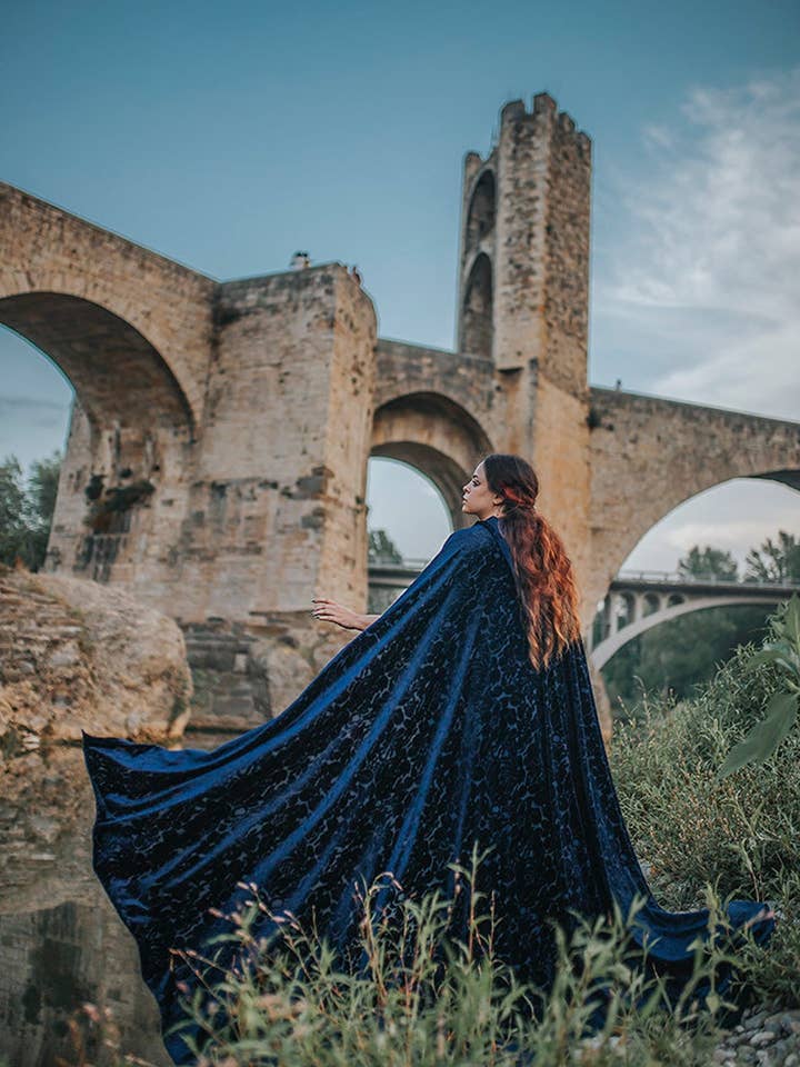 Dark Blue Elven Burnout velvet hooded long fairy cloak for wholesale by Costurero Real