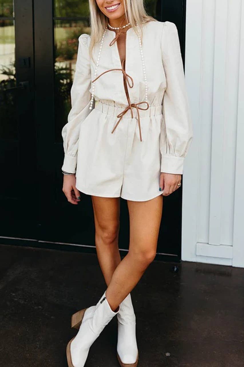 Rosa Clothing - Wholesale Romper - Women's - contrast bow tie front closure long sleeve romper26