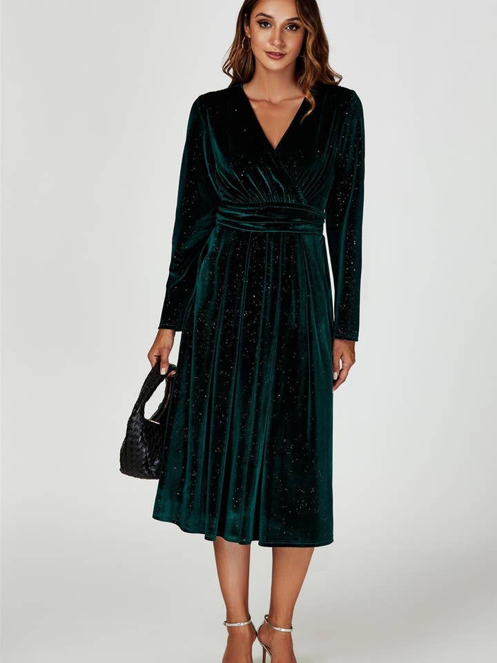 Grön Silver Sparkly Velvet Wrap Top Midiklänning I Grön för wholesale på Faire5
