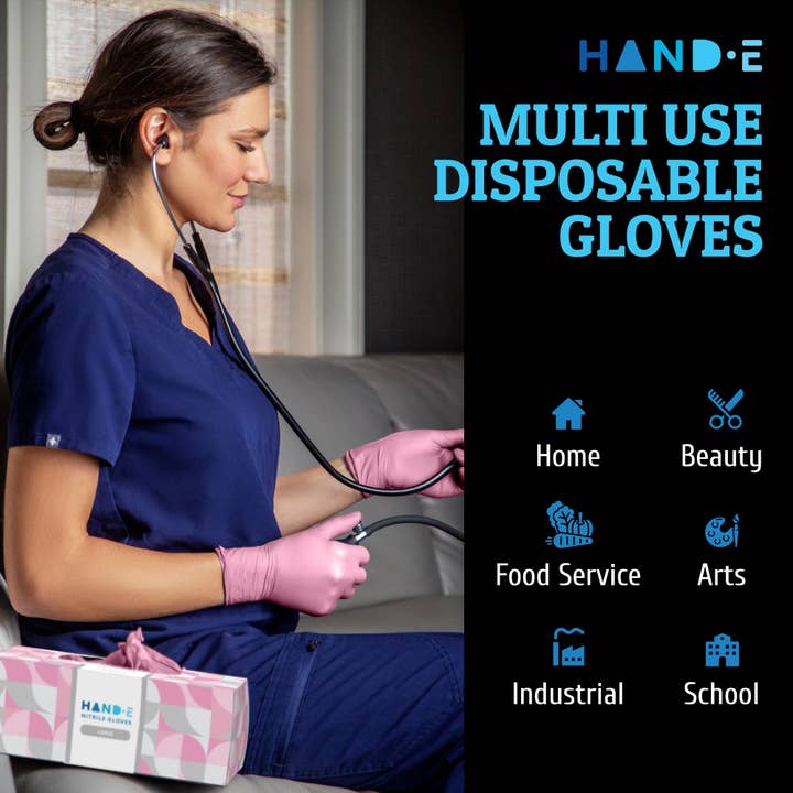 ShopHomeMed - Wholesale Cleaning Gloves - Hand-E Nitrile Gloves, 50 Count, Pink