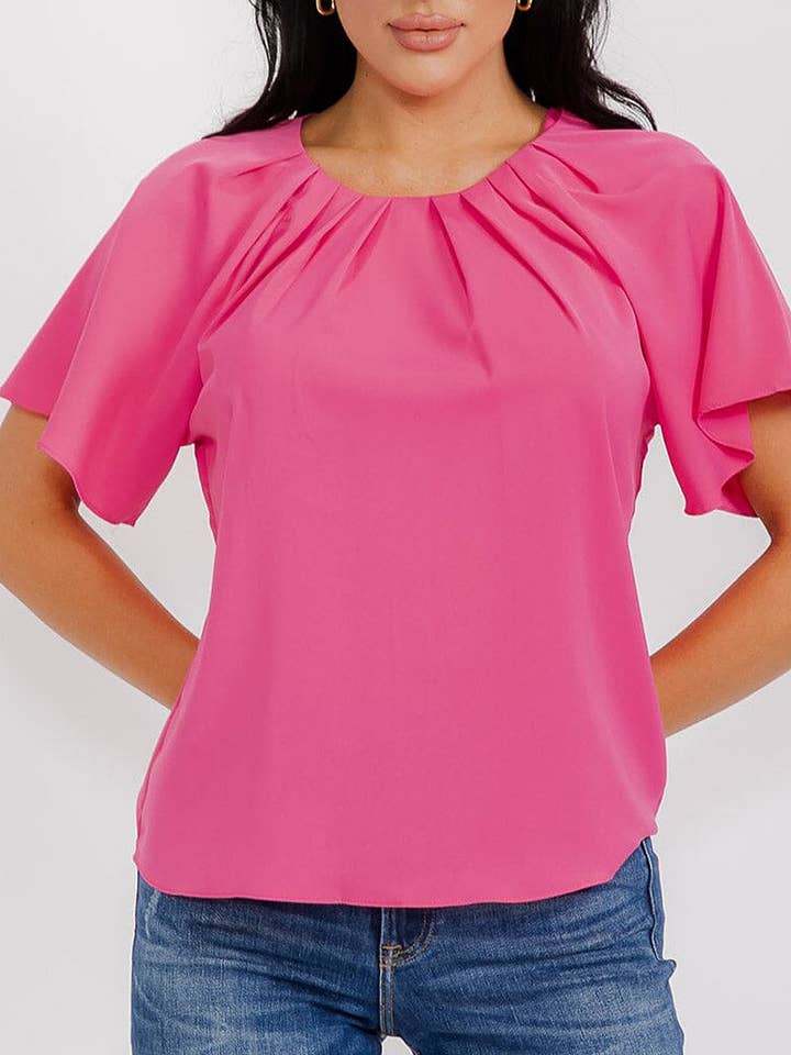 Effen geplooide hals keyhole rug blouse voor wholesale door ROUSSEAU