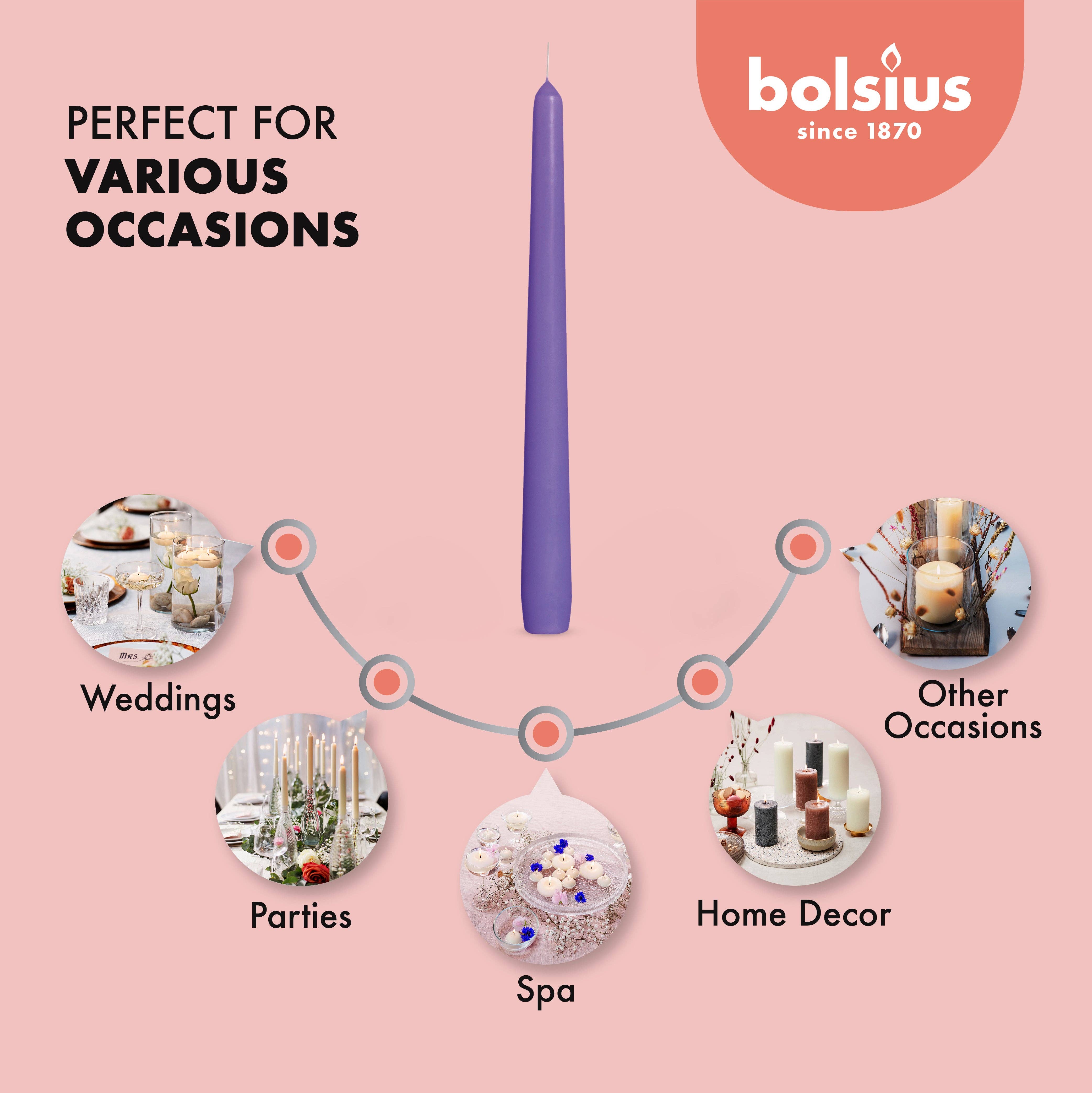 BOLSIUS – Engroshandel Stearinlys/lysestage – Høje 25 cm kegleformede lys, 10 stk. - Bryllup, dekorative, farvede og duftfri57