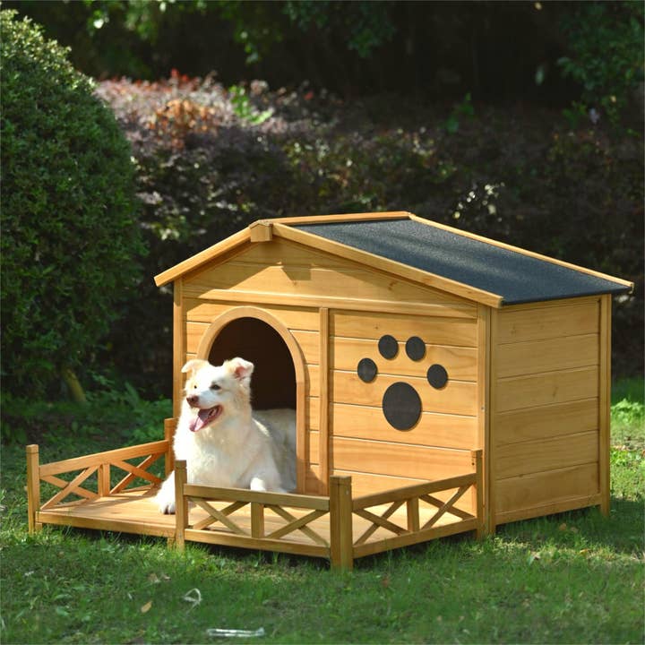 Natural Wooden Dog House with Porch, Water-Resistant Roof & Fencing for wholesale on Faire
