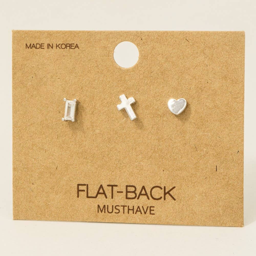 Fame Accessories - Wholesale Stud/Post Earrings - Gold Dipped Cz Heart And Cross 3Pc Flat Back Stud Earrings Set6