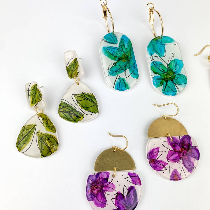 Light Shine - Wholesale Dangle Earrings - Hand Painted Sketchy Flower Clay Earring | Statement Drop22