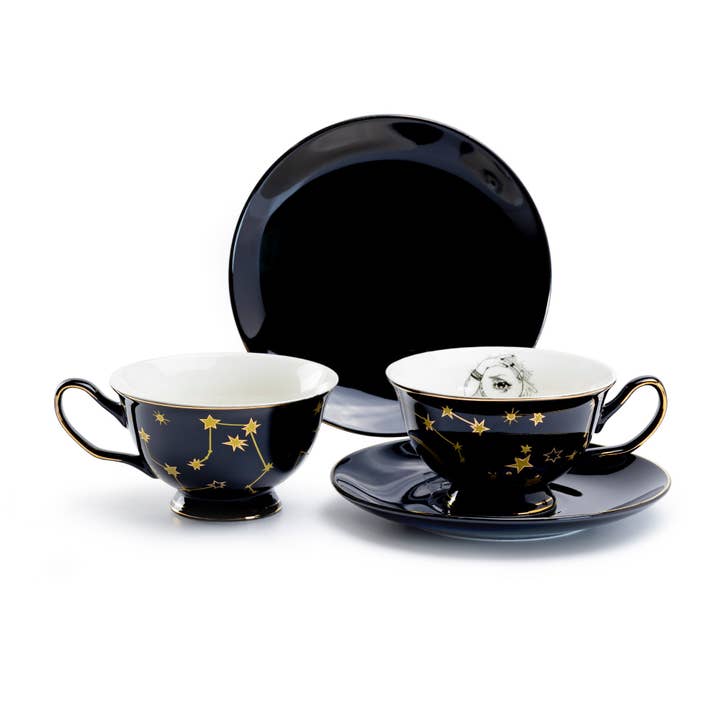 Grace Teaware - Wholesale Tea Set - Witchy Crystal Ball Astrology Black Gold Tea Cup and Saucer