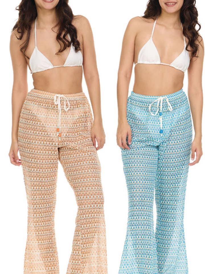 Scallope Jacquard Flare Leg Pants w/Tie Belt w/Bead Details for wholesale by Aruba Blue