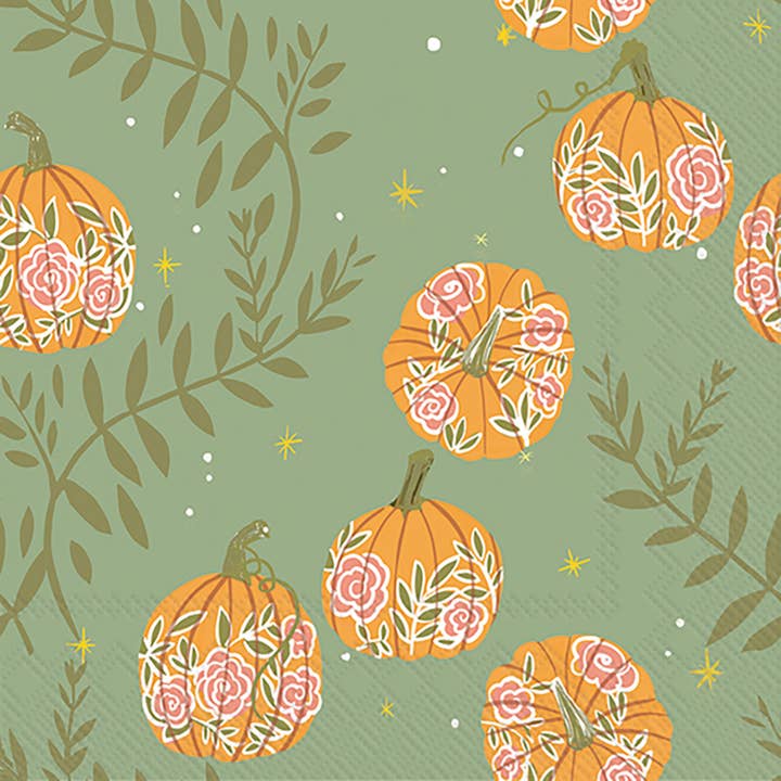 Paper Lunch Napkin Pack of 20 Pumpkins With Roses Green Fall for wholesale by Boston International