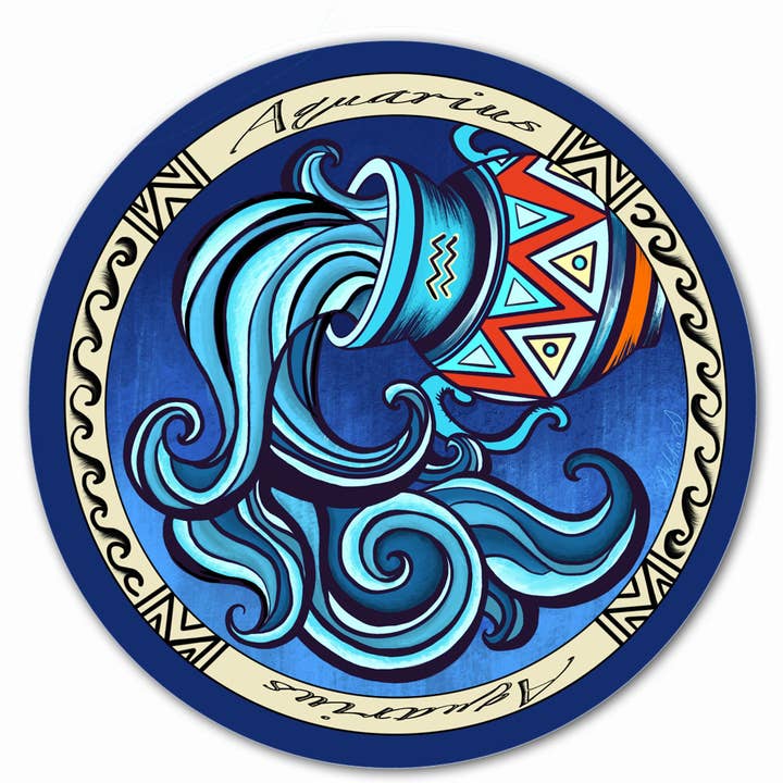 Adhesivo del zodiaco Acuario, redondo de 3 pulgadas para venta al por mayor de River Village