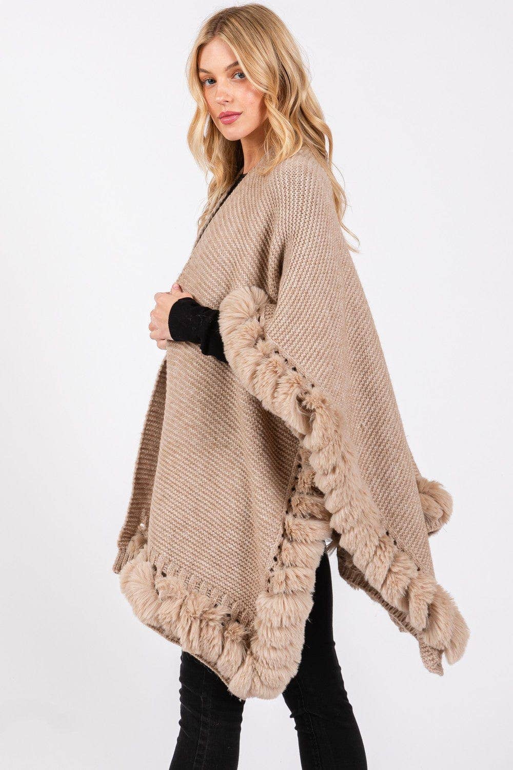 MiMi Wholesale - Wholesale Cape - Women's - MS0409 Brenda Fine Knit Faux Fur Hook & Eye-Closure Cape8