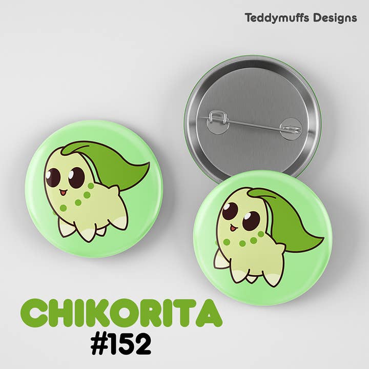 Chikorita Button Pin for wholesale by Teddymuffs Designs