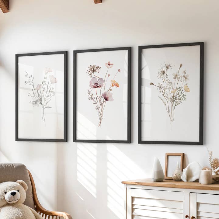 PrintSets.com - Wholesale Gallery Wall Set - Watercolor Wildflower Set of 3 Prints. Botanical Floral Art for Cottage Spaces10