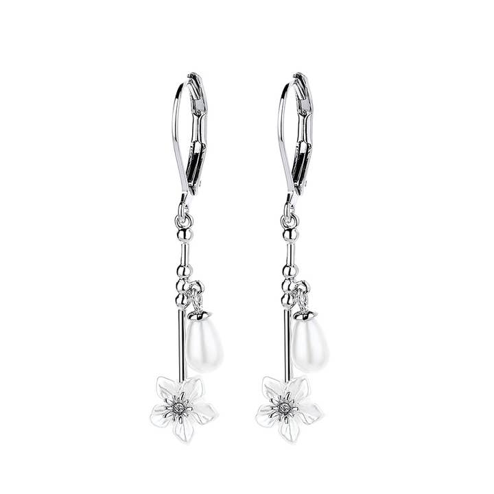 Cultured Pearl & Sterling Silver Floral Leverback Drop Earrings for wholesale by Amy and Annette
