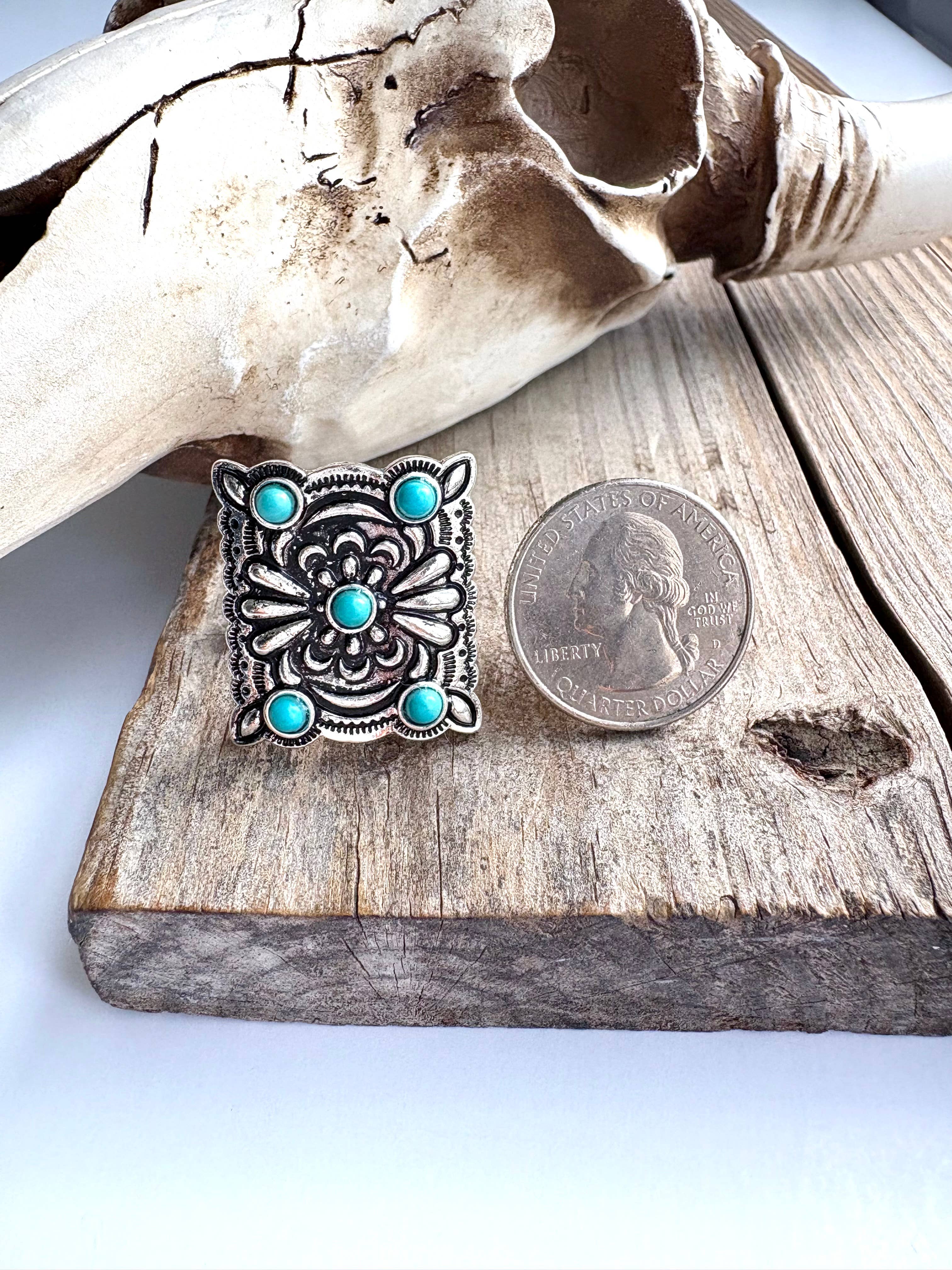 Boho Ranch Shop - Wholesale Cocktail/Statement Ring - Western Conch Turquoise Stone Concho Adjustable Ring3