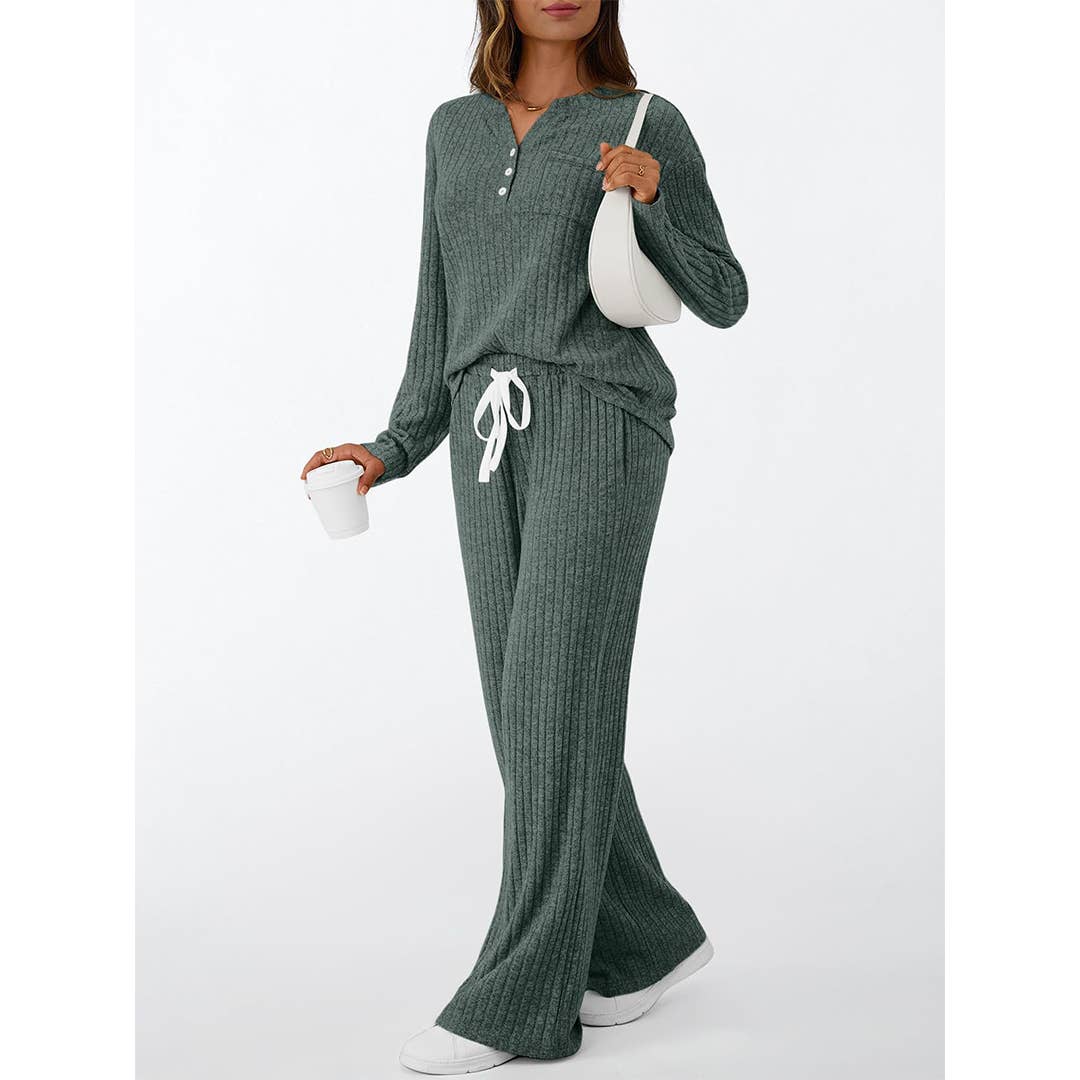 UNISHE - Vente Ensemble de vêtements d'intérieur – femme - Ensemble de pyjama à manches longues côtelées avec boutons et pantalon AXY0399