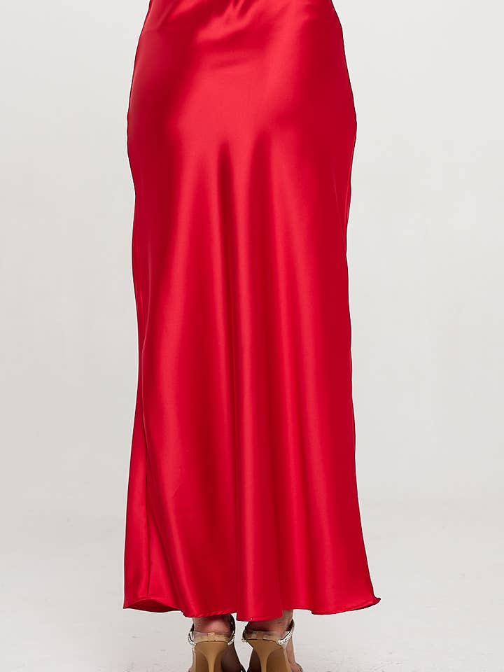 Red Made in USA Silky Satin Maxi Skirt for wholesale on Faire3