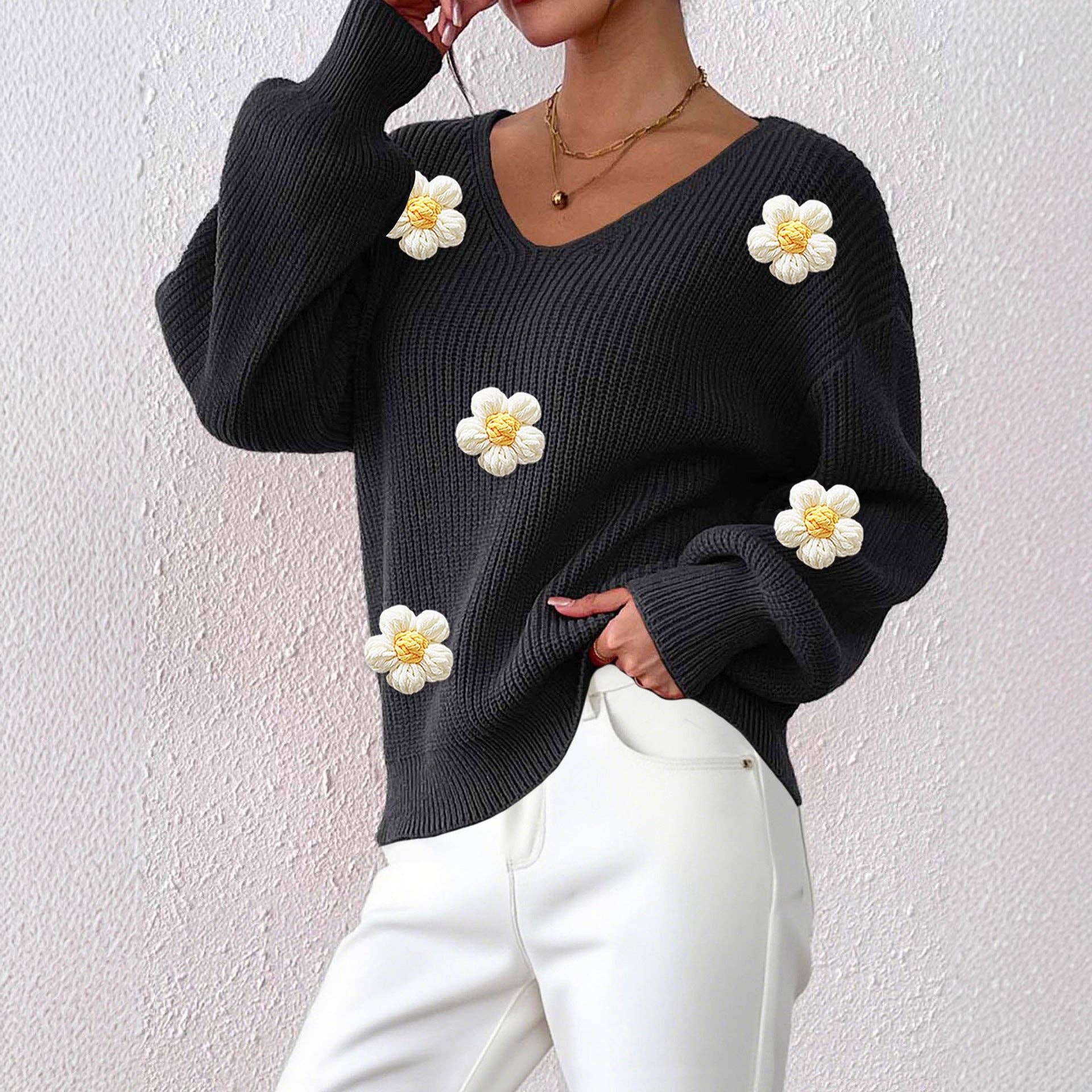 Masyal - Wholesale Knit Sweater - Women's - Women's Pullover Sweater with 3D Floral Embroidery4