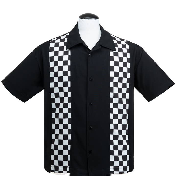 Steady Clothing - Wholesale Button Down Shirt - Men's - Checkered Mini Panel Bowling Shirt in Black/White0