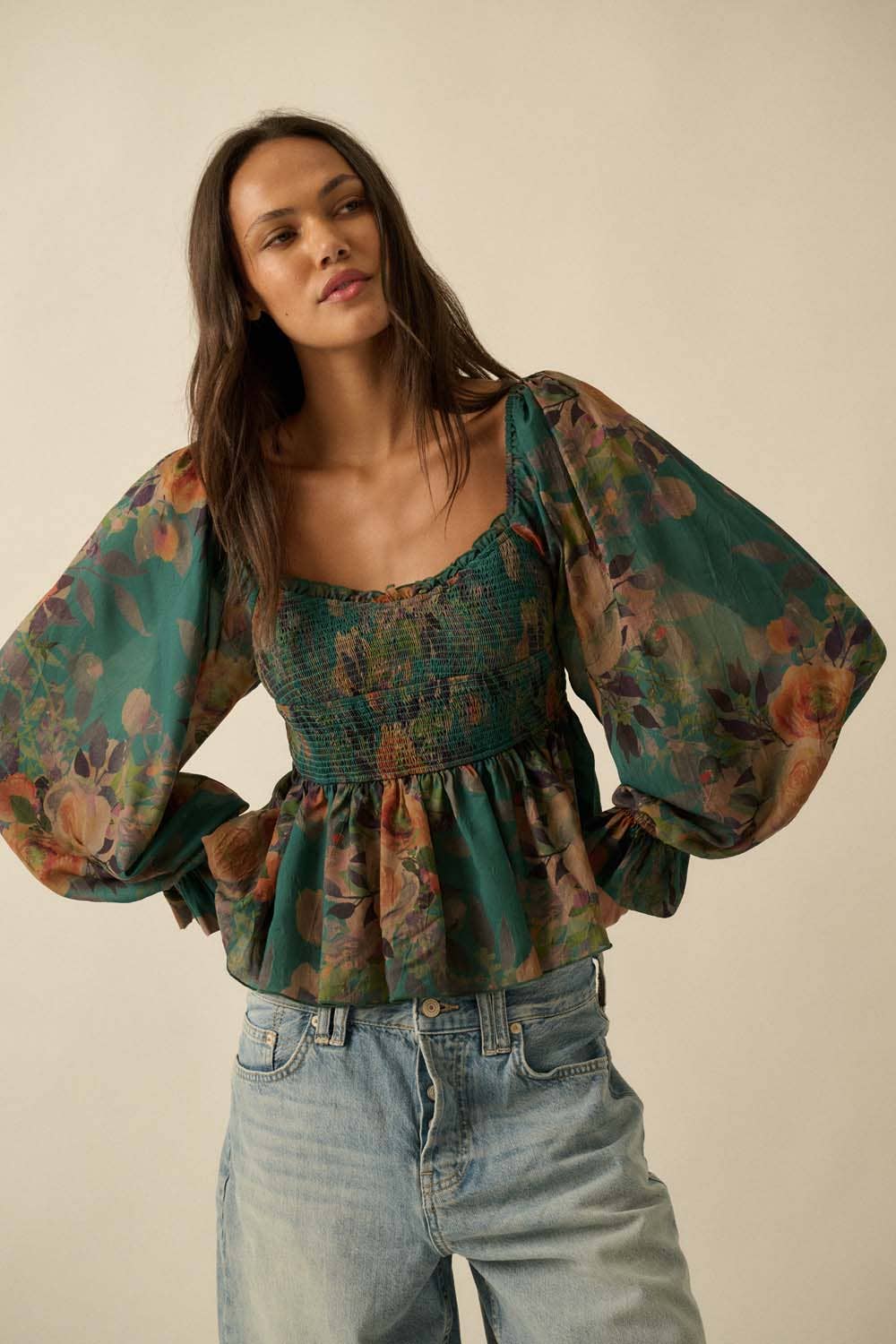 Promesa USA - Wholesale Blouse - Women's - Floral-Print Smocked Sweetheart Peplum Peasant Top8