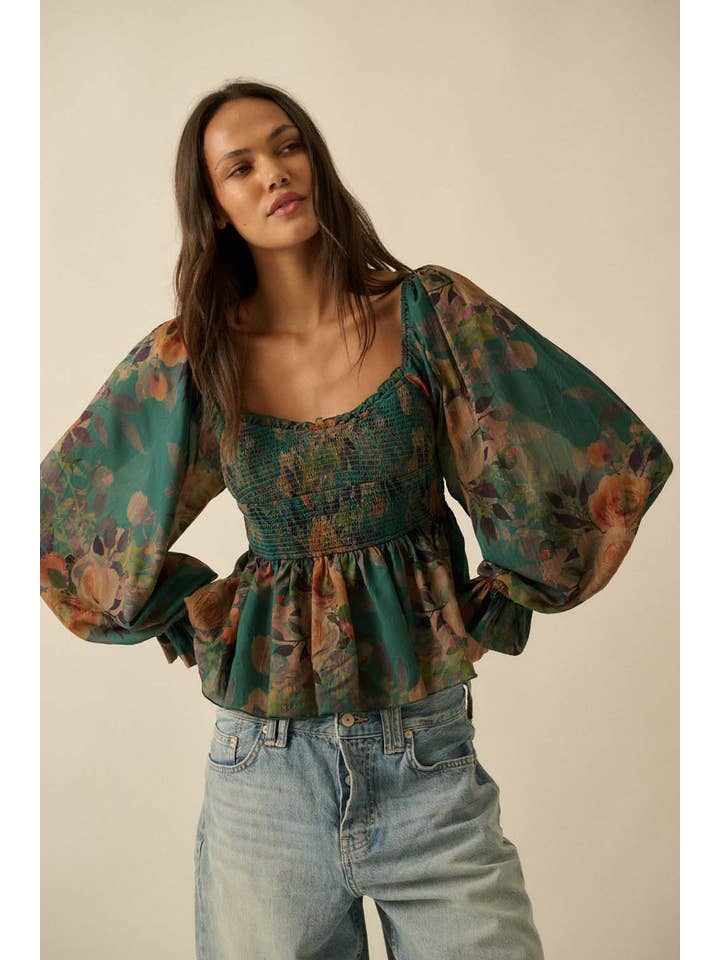 Promesa USA - Wholesale Blouse - Women's - Floral-Print Smocked Sweetheart Peplum Peasant Top8
