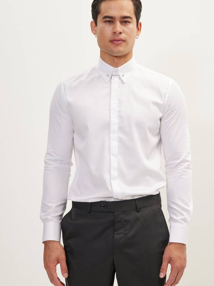 Men's Tie-Bar Hidden Placket Dress Shirt - White for wholesale by Ron Tomson