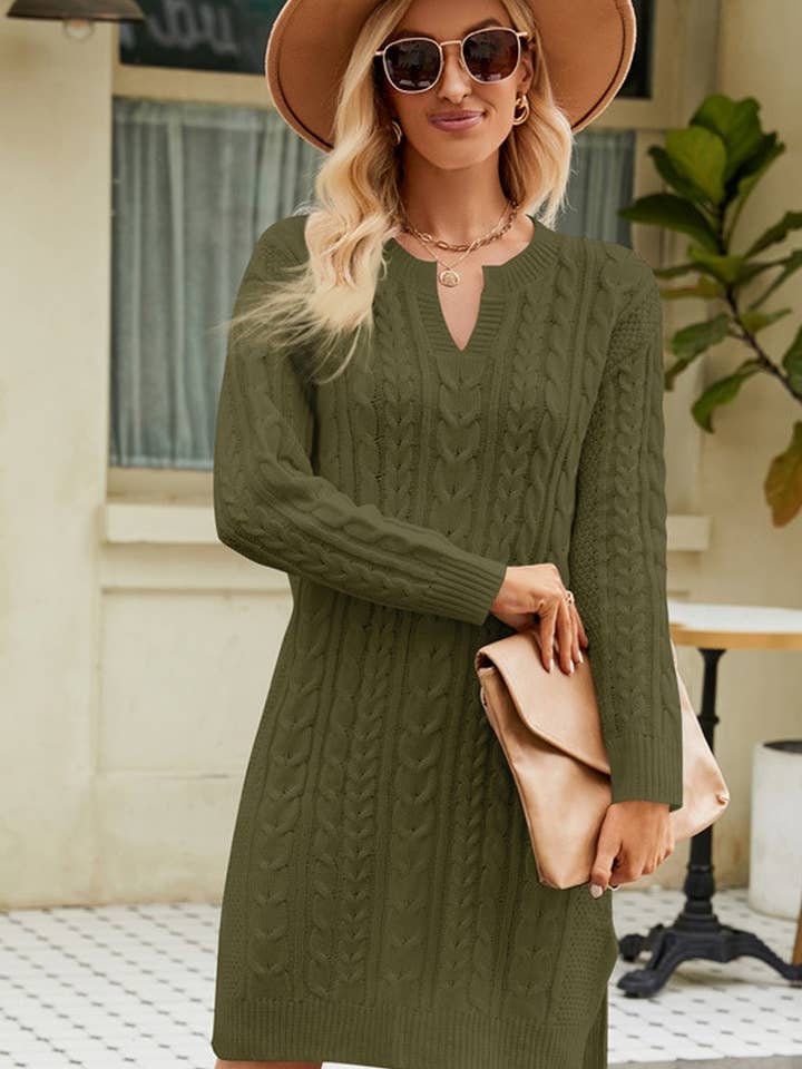 Lily Clothing - Wholesale Dress - Women's - LONG SLEEVE V NECK TWO SIDE SLIT SWEATER DRESS_CWDSD16968