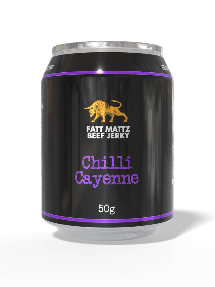 Chilli Cayenne Beef Jerky - 12 x 50g Cans for wholesale by Fatt Mattz