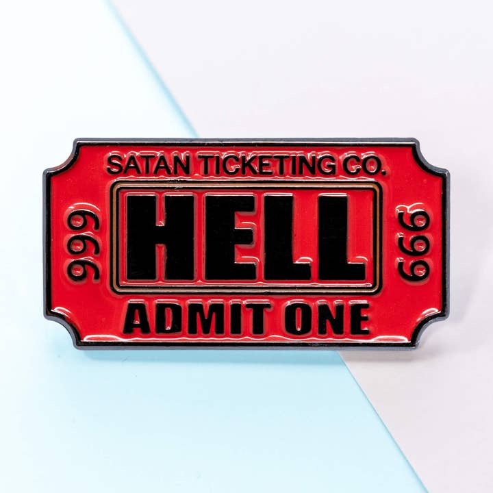 Ticket to Hell Admit One Funny Retro Horror Enamel Pin for wholesale by Moonmoli
