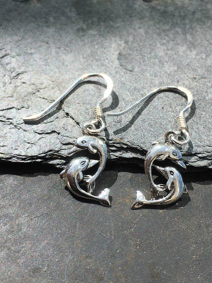 E370B -Double dolphin drop earrings for wholesale by Bluelily925silver