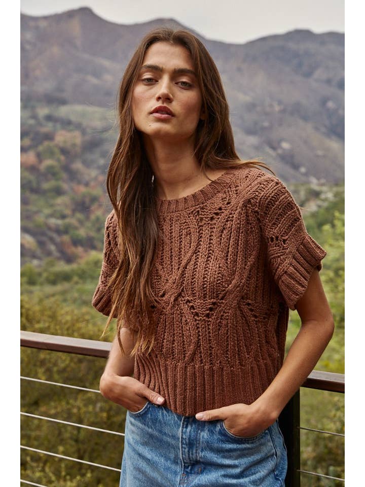 By Together - Wholesale Knit Top - Women's - W1124 | Knit Sweater Crochet Round Neck Short Sleeve Top
