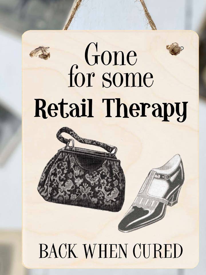 Retail Therapy - Wooden mini-sign for wholesale by THE WOODEN POSTCARD COMPANY