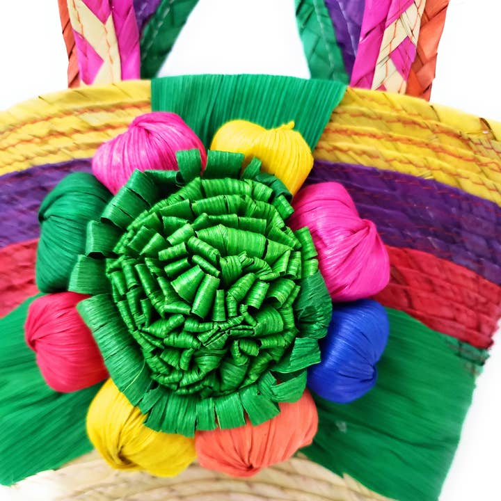 The Little Pueblo - Wholesale Beach Bag - Mexican Floral Palm Bag Handmade Candy Bag Flower Straw Bag