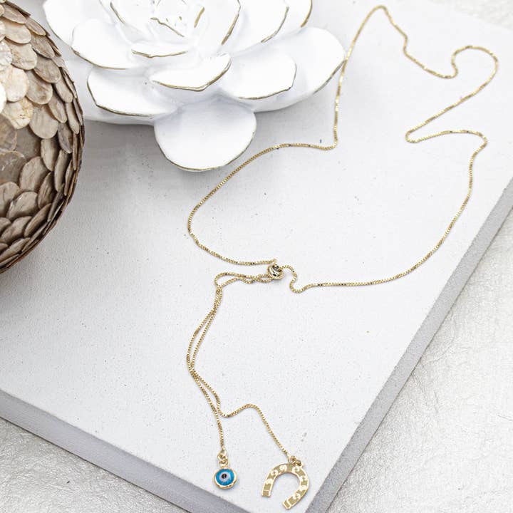 Bolo Tie Lariat Chain with Blue Greek Eye and Horseshoe Long Adjustable Necklace for wholesale by Cherie by Cherie