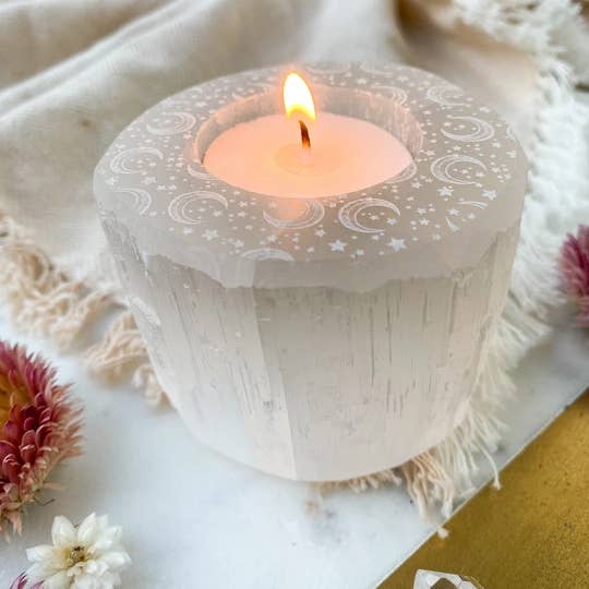 Fractalista Designs - Wholesale Candle Holder - “Celestial Bodies” Round Selenite Candle Holder