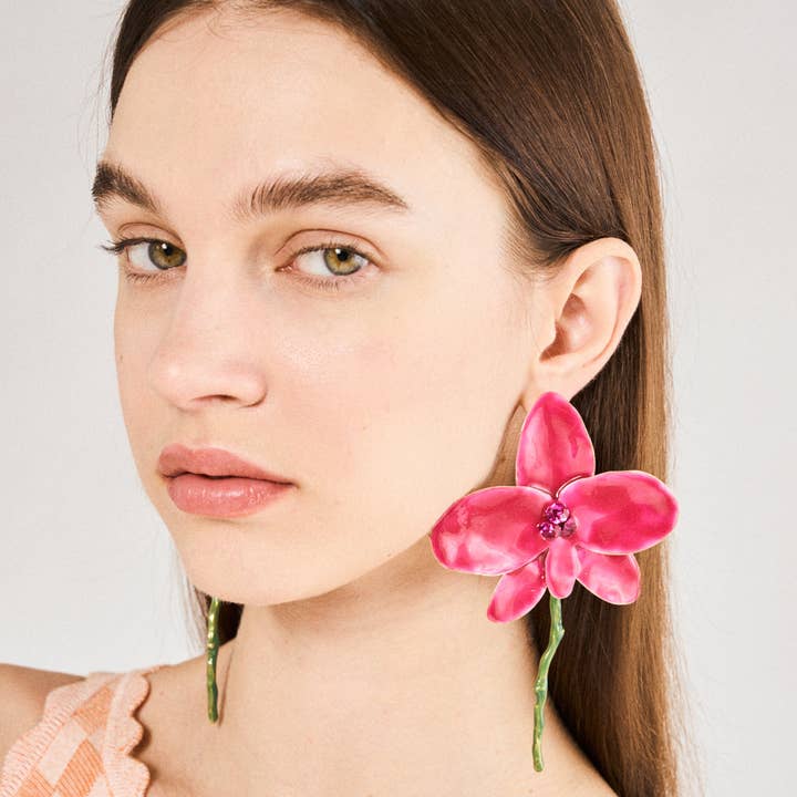FUCHSIA ENAMEL FLOWER DANGLING EARRINGS - N63 for wholesale by NALI'